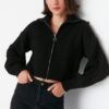 Trendyol Black Crop cipzár részlet kötöttáru Cardigan