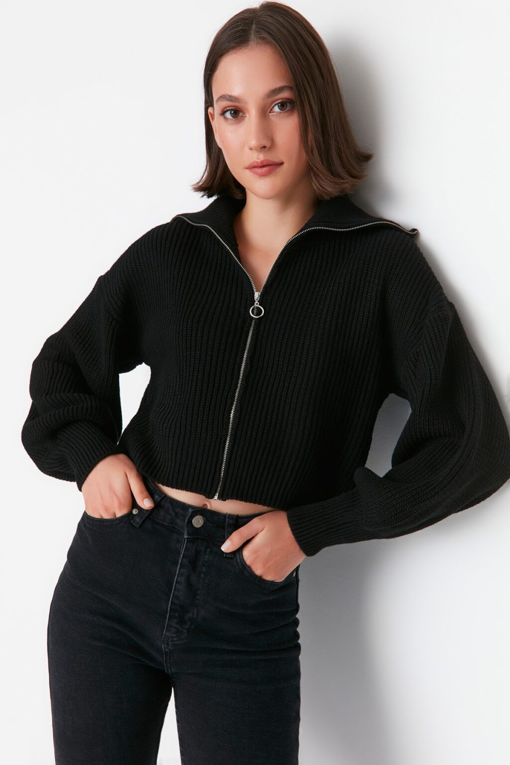 Trendyol Black Crop cipzár részlet kötöttáru Cardigan
