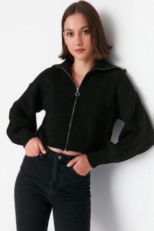 Trendyol Black Crop cipzár részlet kötöttáru Cardigan Trendyol Black Crop cipzár részlet kötöttáru Cardigan