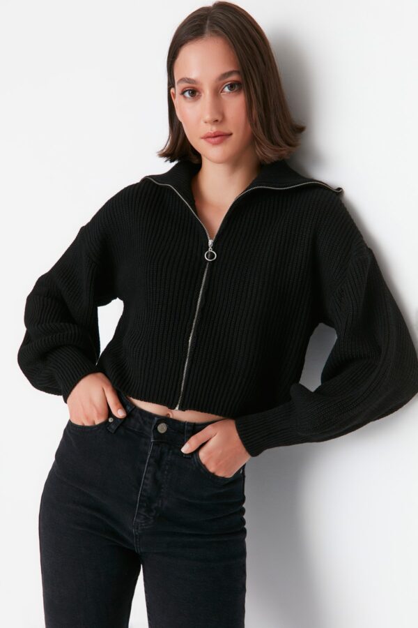 Trendyol Black Crop cipzár részlet kötöttáru Cardigan