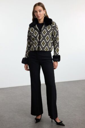 Trendyol Black Detachable Faux Für Glittery Knitted Cardigan Trendyol Black Detachable Faux Für Glittery Knitted Cardigan