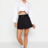Trendyol Black Double Belt Detail Pleated Mini Woven Skirt