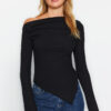 Trendyol Black Draped Boat Neck Asymmetric Flexible Long Sleeve Knitted Blouse
