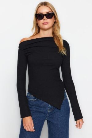 Trendyol Black Draped Boat Neck Asymmetric Flexible Long Sleeve Knitted Blouse Trendyol Black Draped Boat Neck Asymmetric Flexible Long Sleeve Knitted Blouse