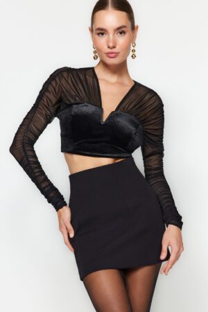 Trendyol Black Draped Velvet Tulle Blouse Trendyol Black Draped Velvet Tulle Blouse