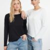 Trendyol Black-Ecru 2-Piece 100% Cotton Oversize/Wide Fit Long Sleeve Knitted T-Shirt