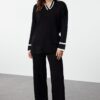 Trendyol Black Ecru Piping Knitwear Sweater Trousers Bottom-Top Set