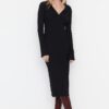 Trendyol Black Fake Knitwear Body-Fitting Polo Collar Maxi Ribbed Flexible Knitted Pencil Dress