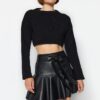 Trendyol Black Faux Leather Skirt with Frill Tie Tie Detail Mini Woven Skirt