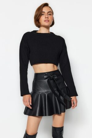 Trendyol Black Faux Leather Skirt with Frill Tie Tie Detail Mini Woven Skirt