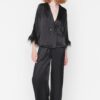 Trendyol Black Feather Detailed Satin Shirt-Pants Woven Pajamas Set
