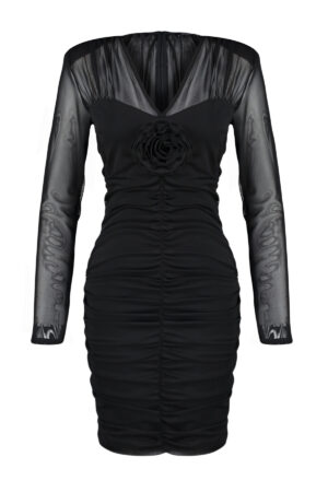 Trendyol Black Fit Rose részletesen kidolgozott tüll elegáns estélyi ruha