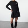 Trendyol Black Fitted/Body-Smooth Button Detailed Crew Neck Mini Woven Dress
