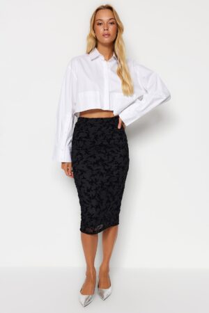 Trendyol Black Flock Printed Tulle Lined Pencil Midi High Waist Flexible Knitted Skirt