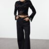Trendyol Black Flocked Zebra Animal Patterned Crop Fitted/Body-Smoothing Knitted Blouse