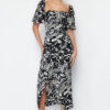 Trendyol Black Floral Balloon Sleeve Viscose Midi Woven Dress