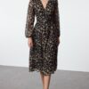 Trendyol Black Floral Belted A-Line Midi Double Breasted Collar Patterned Chiffon Woven Dress