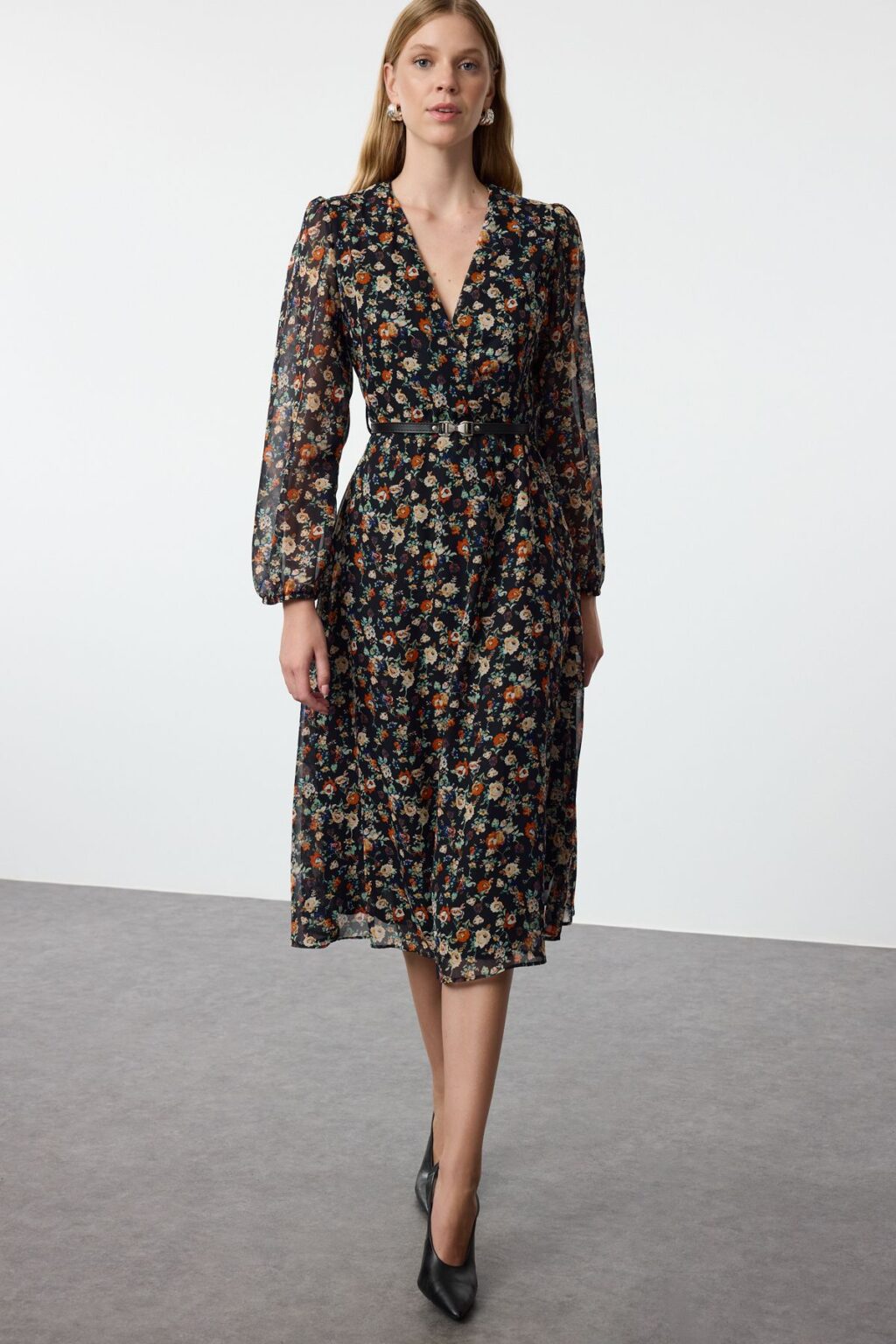 Trendyol Black Floral Belted A-Line Midi Double Breasted Collar Patterned Chiffon Woven Dress