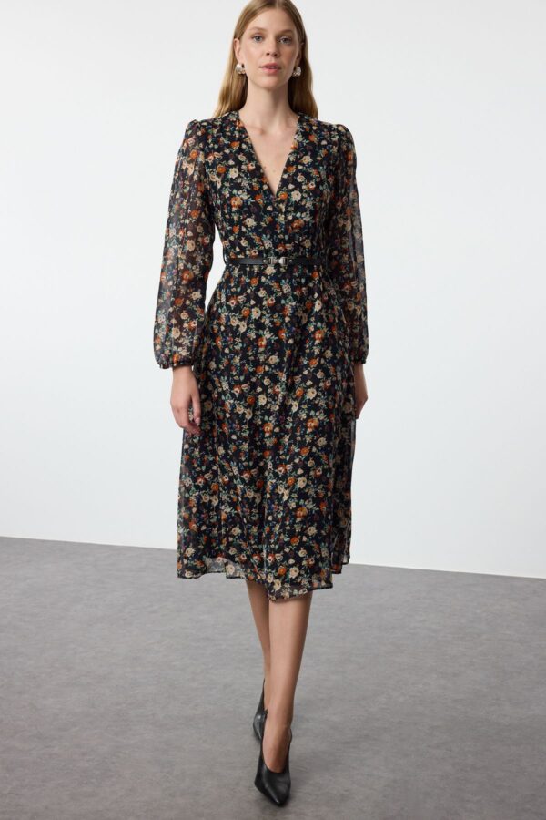 Trendyol Black Floral Belted A-Line Midi Double Breasted Collar Patterned Chiffon Woven Dress