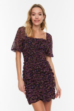 Trendyol Black Floral Body Wrap Drapéria részlet Sifonnal bélelt mini szőtt ruha