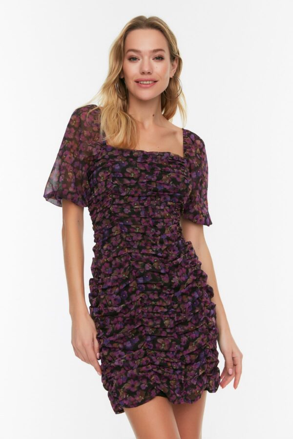 Trendyol Black Floral Body Wrap Drapéria részlet Sifonnal bélelt mini szőtt ruha
