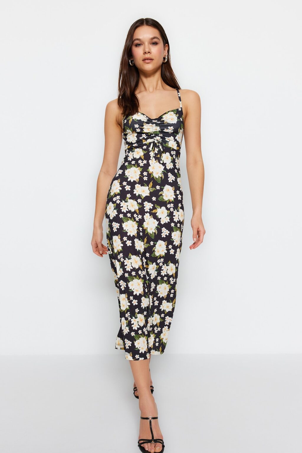 Trendyol Black Floral Pattern inges A-Line Midi Sweetheart nyakpántok