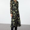 Trendyol Black Floral Patterned A-Line Double Breasted Midi Woven Dress