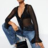 Trendyol Black Flounce Tie Detailed Tulle Stretchy Knitted Blouse