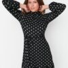 Trendyol Black Flounce and Decollete Decollete Skater/Waist Printed Ribbed Mini Knitted Dress