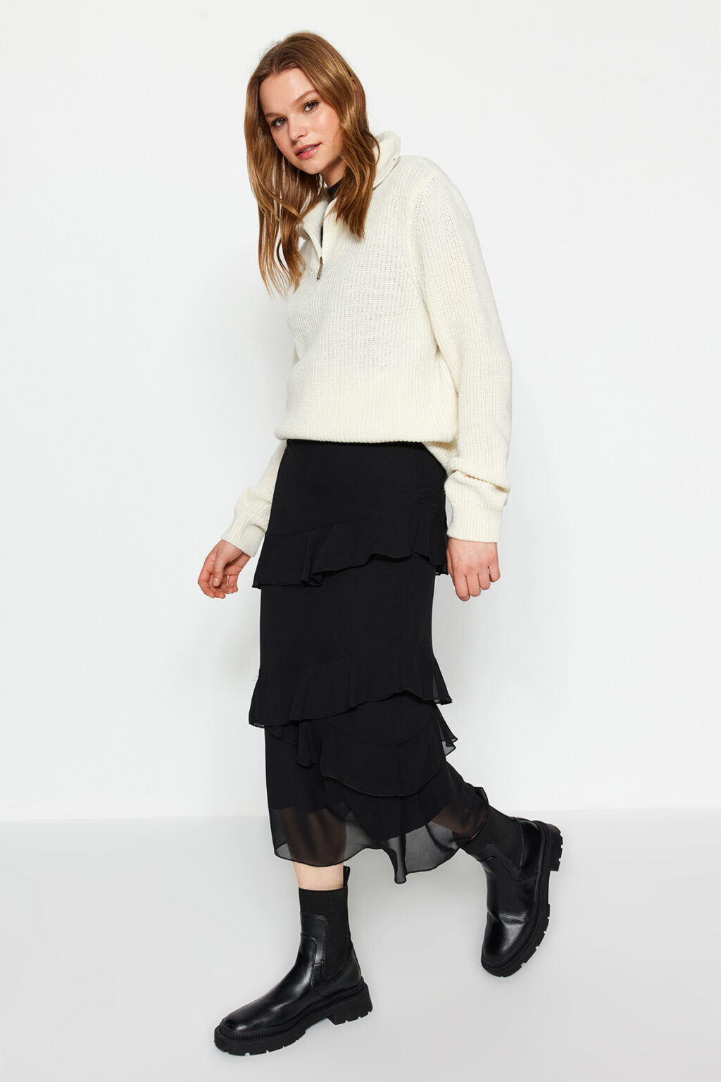 Trendyol Black Flounced Chiffon Fabric Midi Length Woven Skirt