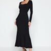 Trendyol Black Flounced Square Neck Fitted Maxi Stretchy Knitted Dress