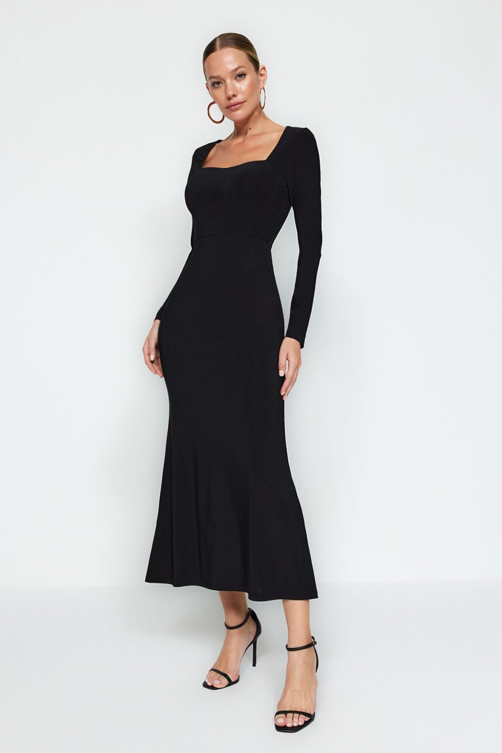 Trendyol Black Flounced Square Neck Fitted Maxi Stretchy Knitted Dress