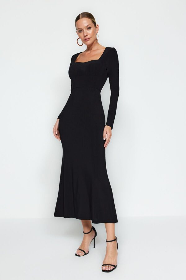Trendyol Black Flounced Square Neck Fitted Maxi Stretchy Knitted Dress