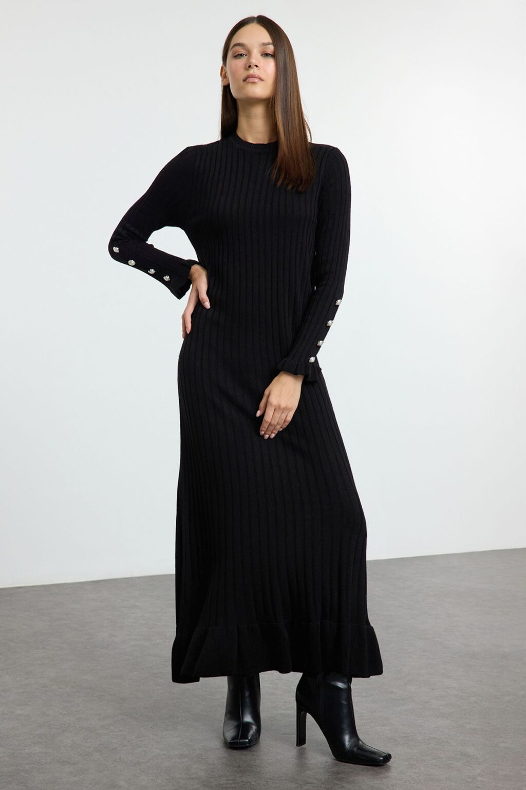 Trendyol Black Frilled Rib Knit Dress