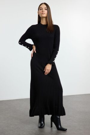Trendyol Black Frilled Rib Knit Dress