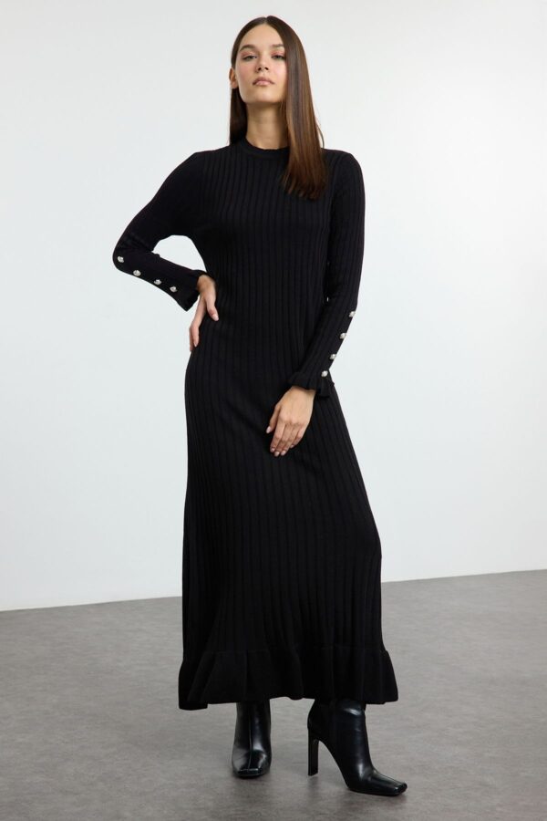 Trendyol Black Frilled Rib Knit Dress