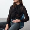 Trendyol Black Front Ruffle Detailed Judge Collar Woven Regular Regular Fit Shirt
