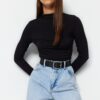 Trendyol Black Gather Detailed High Collar Fitted/Long Sleeve Fitted Stretchy Knitted Blouse