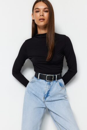 Trendyol Black Gather Detailed High Collar Fitted/Long Sleeve Fitted Stretchy Knitted Blouse Trendyol Black Gather Detailed High Collar Fitted/Long Sleeve Fitted Stretchy Knitted Blouse