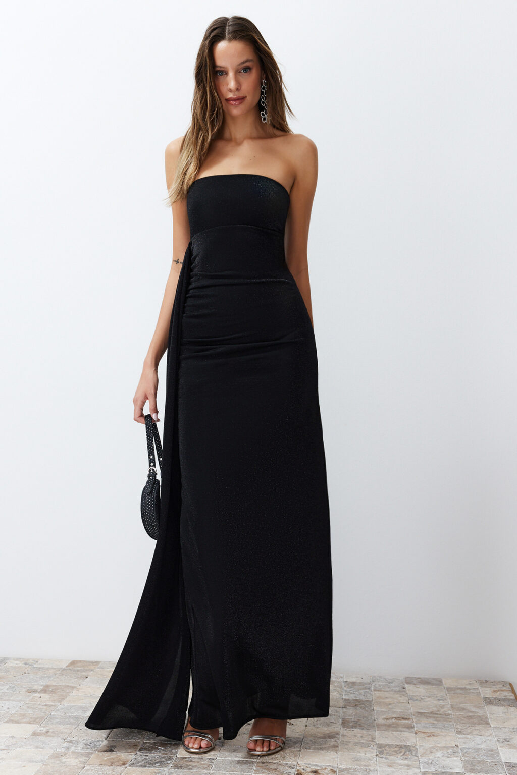 Trendyol Black Glitter Knitted Long Elegant Evening Dress