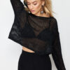 Trendyol Black Glittery Boat Neck Openwork/Hole Thin Knit Sweater