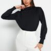 Trendyol Black High Collar Regular Fit Gipe Detailed Flexible Knitted Blouse