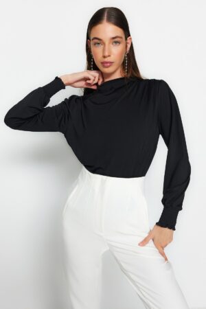 Trendyol Black High Collar Regular Fit Gipe Detailed Flexible Knitted Blouse Trendyol Black High Collar Regular Fit Gipe Detailed Flexible Knitted Blouse