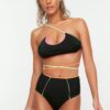 Trendyol Black High Waist Bikini Bottoms With Colorful Piping Detailed