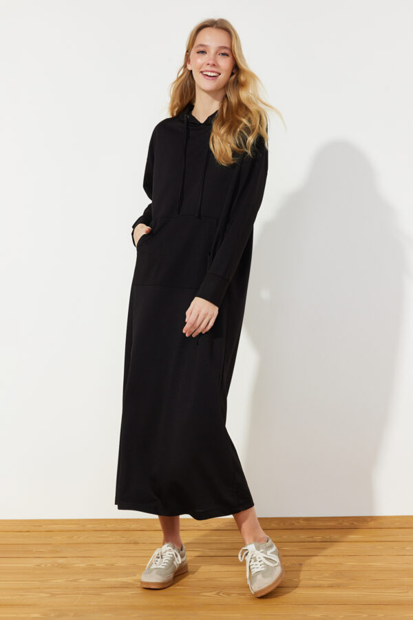 Trendyol Black Kangaroo Pocket Hooded Oversize Knitted Sweat Dress