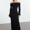 Trendyol Black Knitted Carmen Neckline Long Stylish Evening Dress