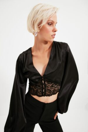 Trendyol Black Lace Detail Satin Blouse Trendyol Black Lace Detail Satin Blouse