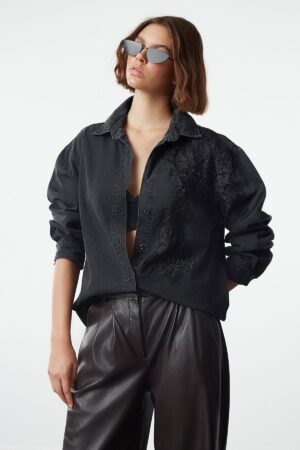 Trendyol Black Lace Detailed Denim Shirt Trendyol Black Lace Detailed Denim Shirt