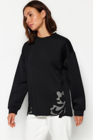 Trendyol Black Lace Detailed Diver/Scuba Knitted Sweatshirt Trendyol Black Lace Detailed Diver/Scuba Knitted Sweatshirt