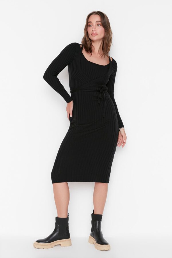Trendyol Black Lace-Up részletesen kidolgozott pulóverruha
